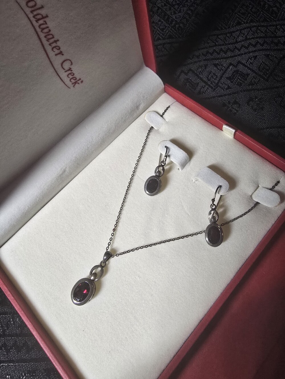 Coldwater Creek Silver-Tone Necklace and Earring Set with Deep Red Garnet Stones